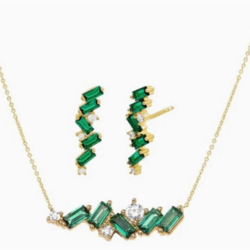 Emerald Green CZ Baguette Earring & Necklace Combo Set